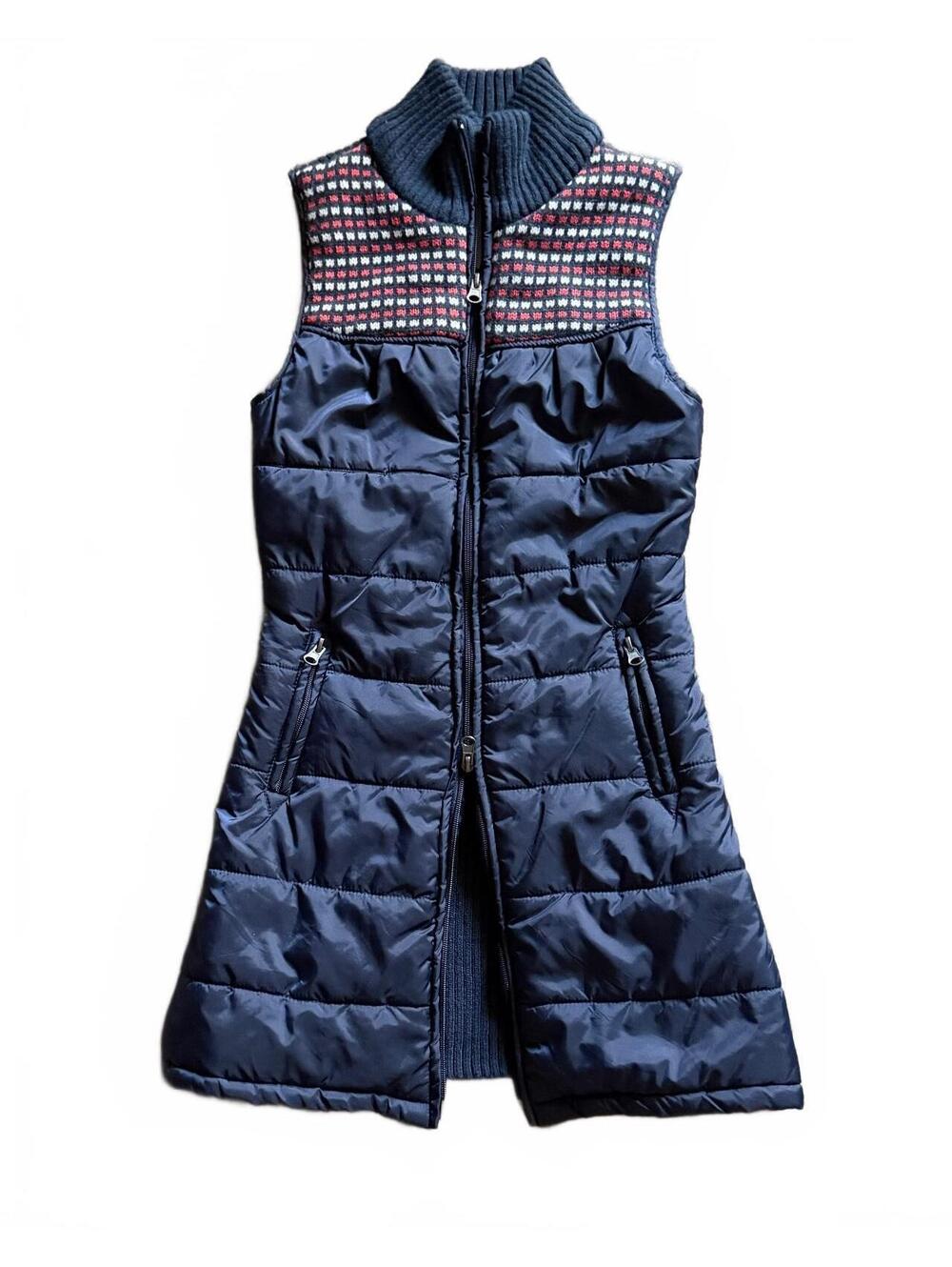 Women's Navy Blue Quilted Sleeveless Long Vest with Patterned Yoke